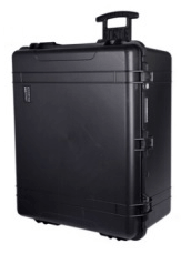 Black durable equipment case with a handle and wheels for easy transport, designed for protection and storage.