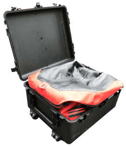 Open case with remote-controlled auto-inflate stretcher ready for rapid deployment in rescue situations.