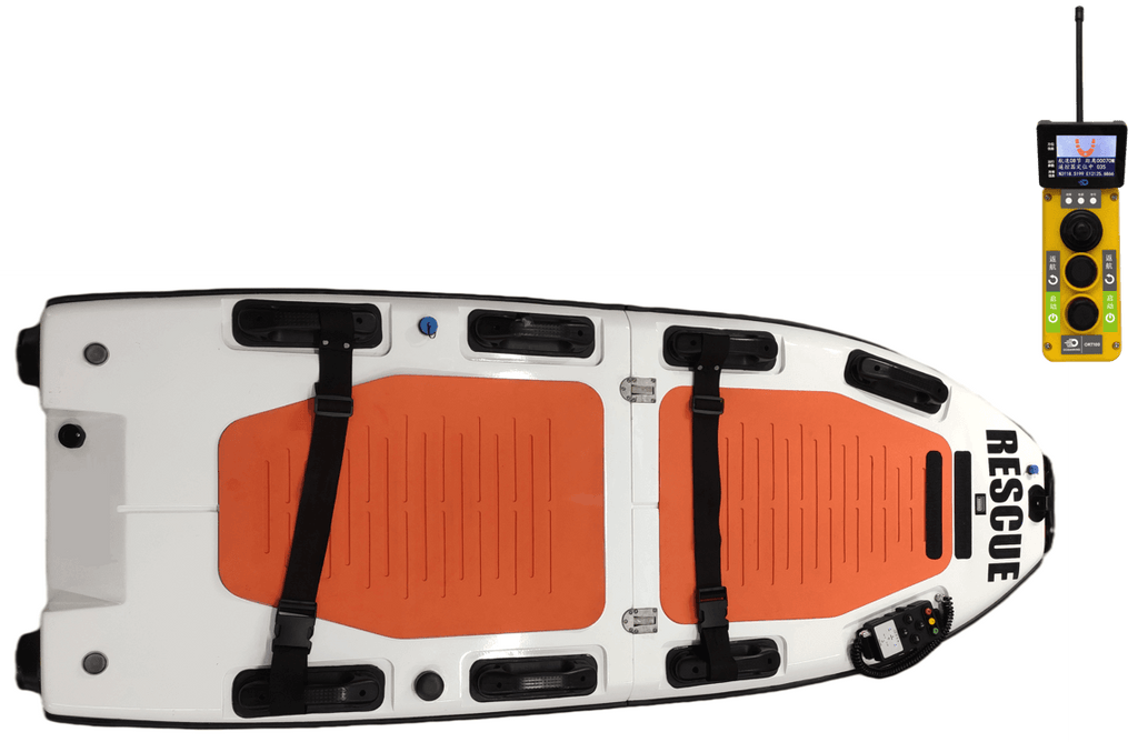 Remote controlled heated stretcher with orange padding for water rescue, alongside a wireless remote controller.