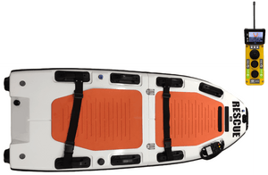 Remote controlled heated stretcher with orange padding for water rescue, alongside a wireless remote controller.