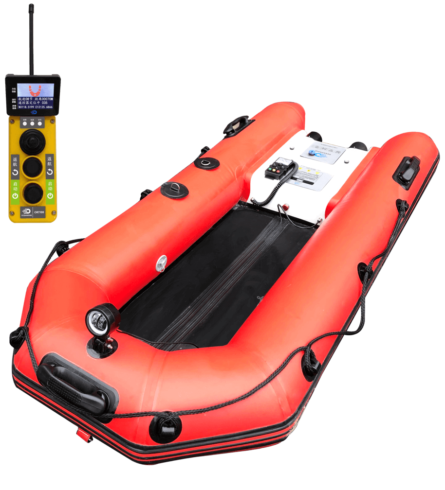Remote controlled auto-inflate stretcher boat with easy operation and changeable batteries for rescue situations.