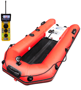 Remote controlled auto-inflate stretcher boat with easy operation and changeable batteries for rescue situations.